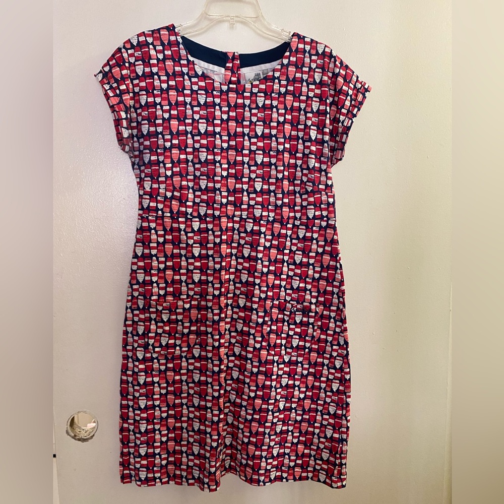 Weird Fish Women’s Midi Dress Size 12 Red Blue Bottle Print Bust 36” Length 38”